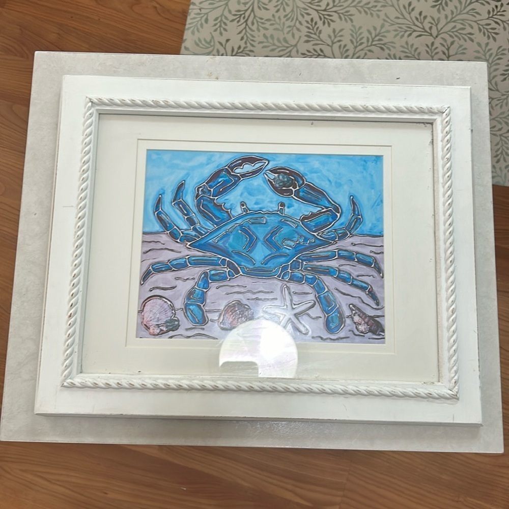 Hand painted blue crab picture in gorgeous white nautical frame